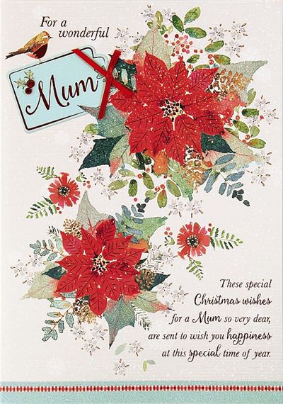 Red Flowers And Bird Mum Large Handmade Christmas Card