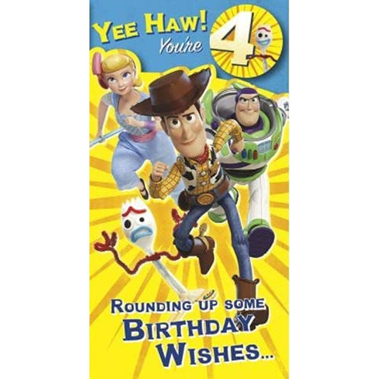 Fun Toy Story Design 4th Boy Birthday Card with Badge