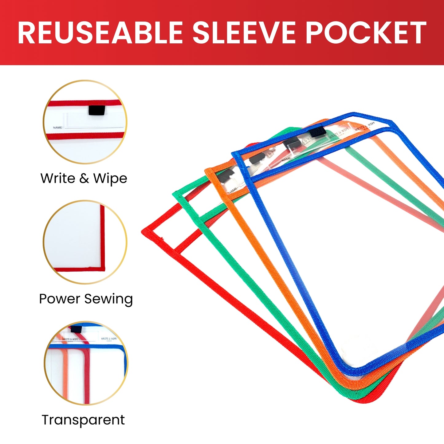 Pack of 4 Red Edge Clear Dry Erase Write and Wipe Reusable Sleeve Pockets