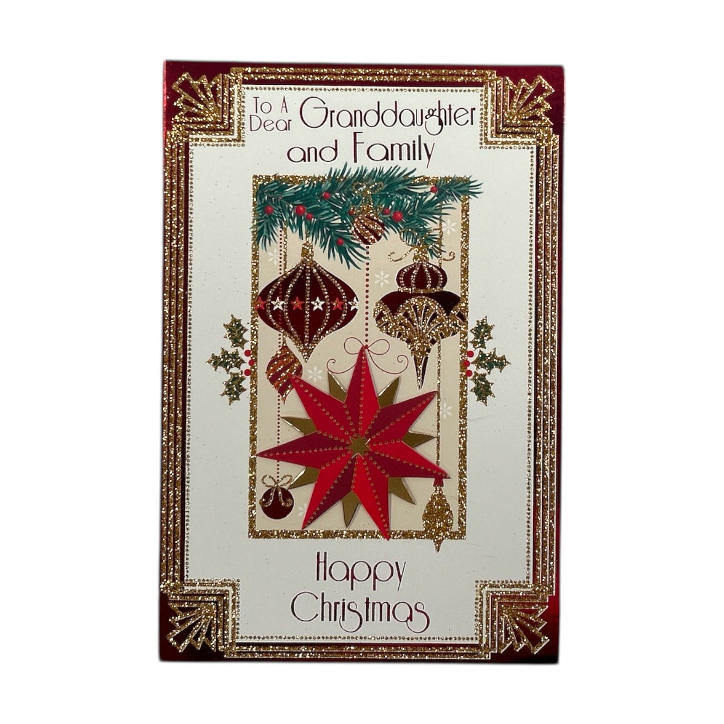For Granddaughter & Family Red & Gold Ornament Christmas Card