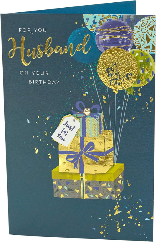 Husband Birthday Card Contemporary Featuring Balloons Attached to Gifts 
