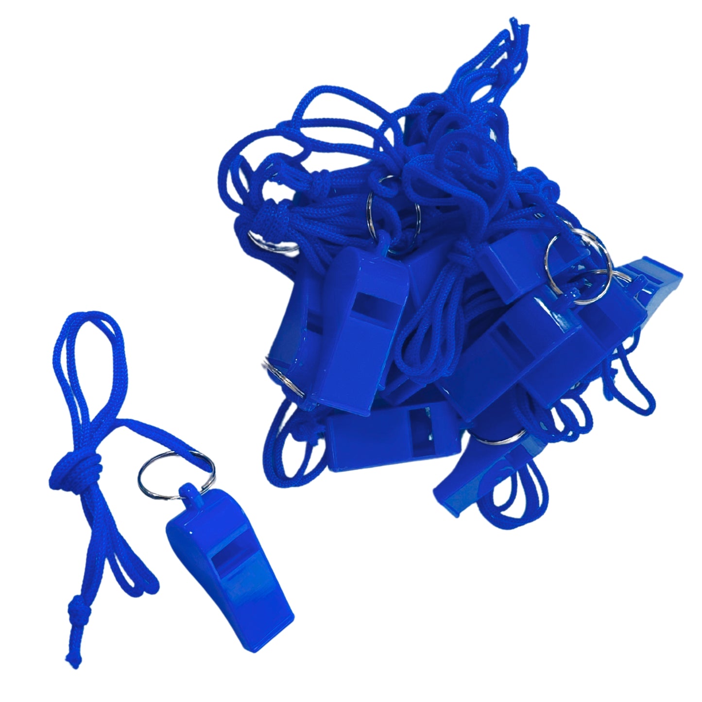 Pack of 100 Blue Plastic Whistles with Lanyard Neck Cord