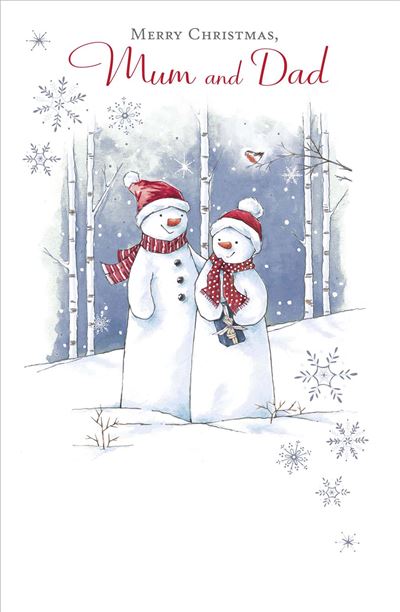 Mum And Dad Couple Snowman Design Sparkling Snowflakes Christmas Card