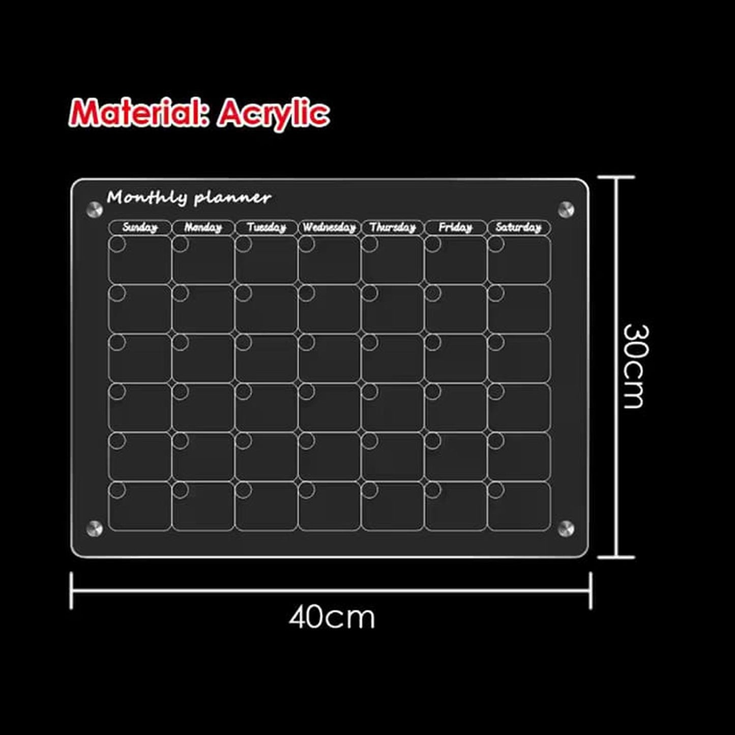 Glass Dry Erase Magnet Whiteboard Monthly Calendar Planner for Refrigerator 40×30×0.3 cm