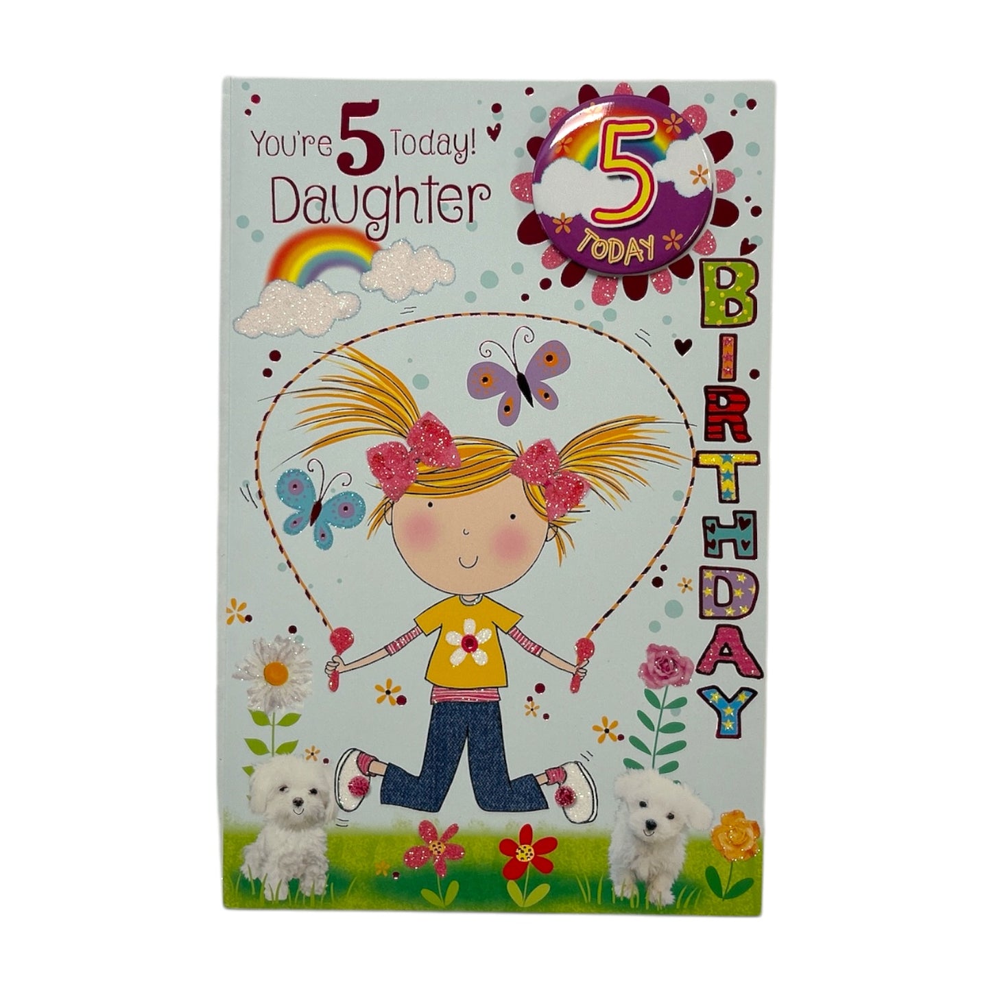 To Daughter Age 05 Girl Skipping Juvenile Birthday Card With Badge