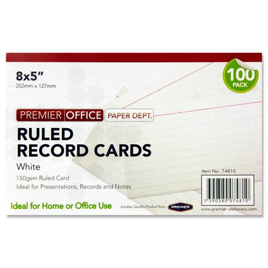Pack of 100 8"x5" Ruled White Record Cards by Premier Office
