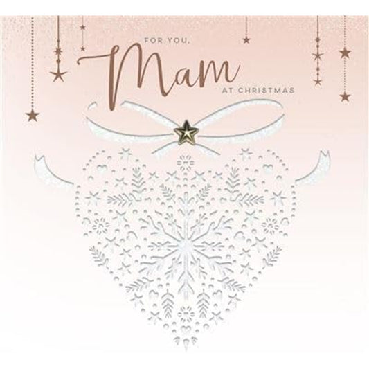 Mam Christmas Card Patterned Heart and Stars with Embellishments Eco-Friendly 