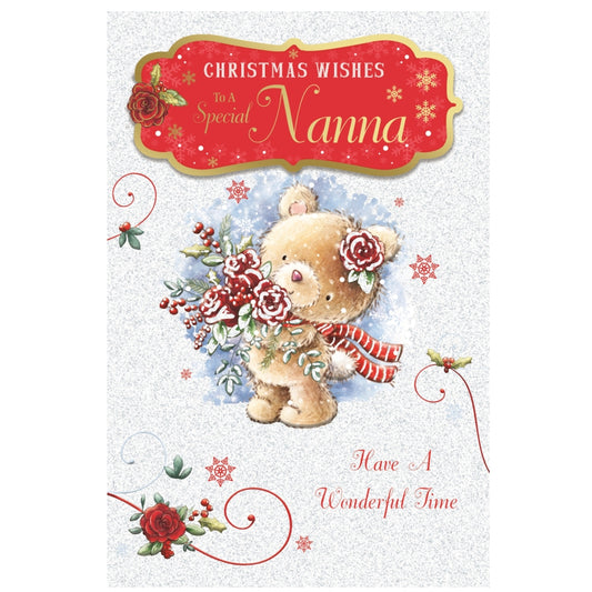 To a Special Nanna Teddy With Bunch of Flowers Design Christmas Card