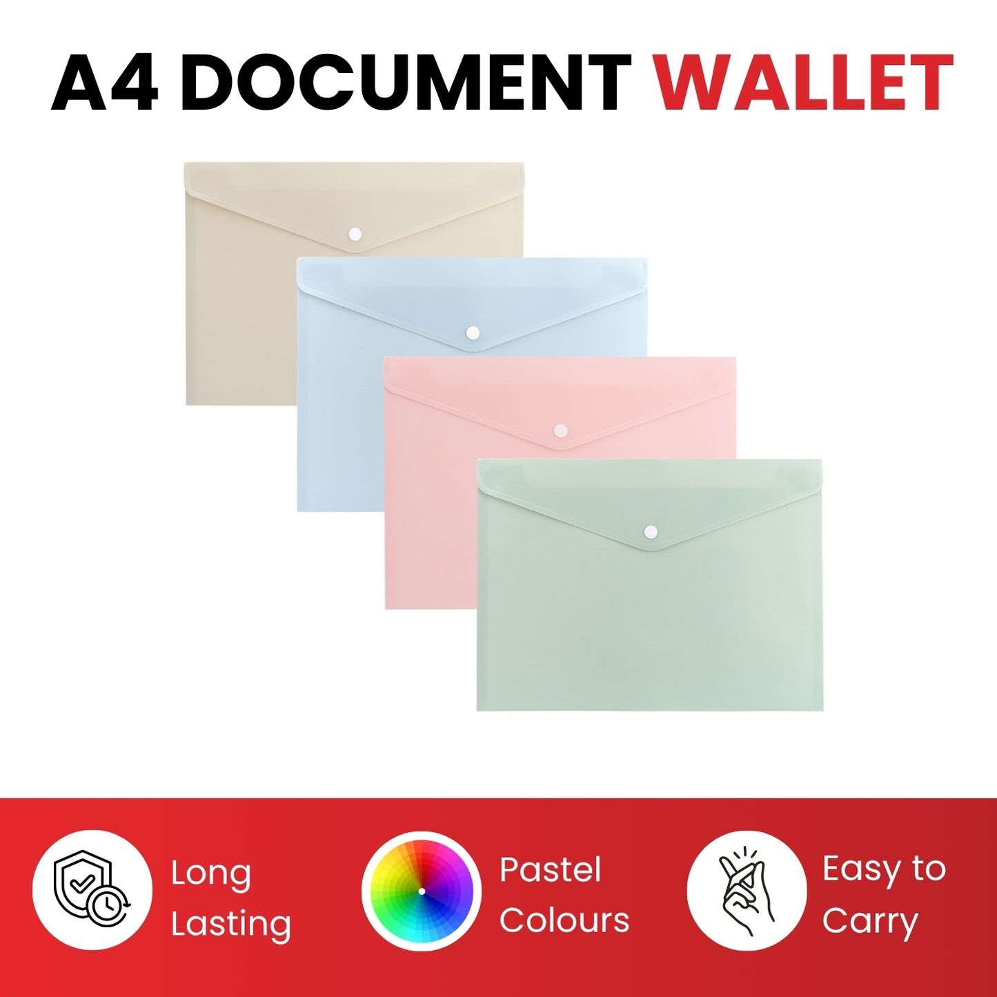 Pack of 24 A4 Light Pastel Pink Soft Touch Plastic Document Wallets with Button Closure
