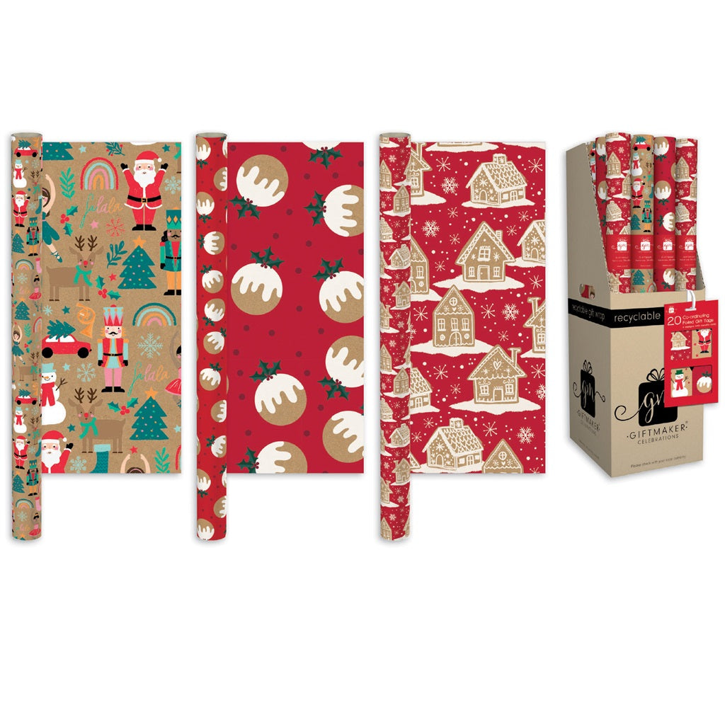 Pack of 3 Festive Kraft Christmas Gift Wrapping Papers 2m x 69cm