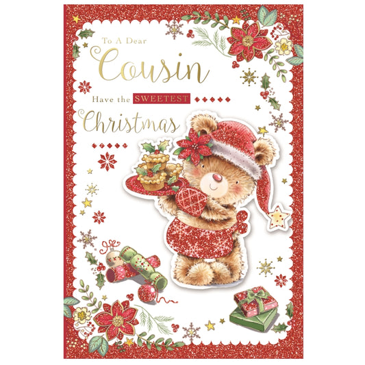 To a Dear Cousin Bear Holding Cupcakes Design Christmas Card