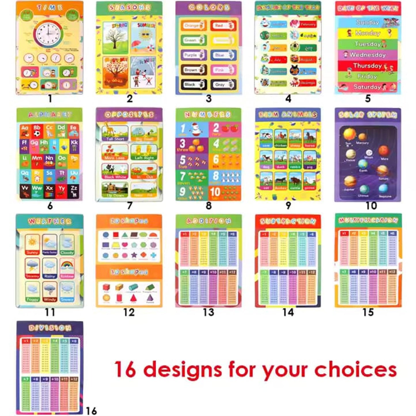 Pack of 16 Educational Posters for Kids Preschool Education