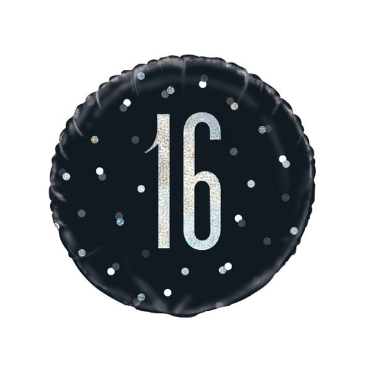 Birthday Glitz Black & Silver Number 16 Round Foil Balloon 18"