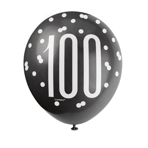 Pack of 6 Birthday Black Glitz Number 100 12" Latex Balloons