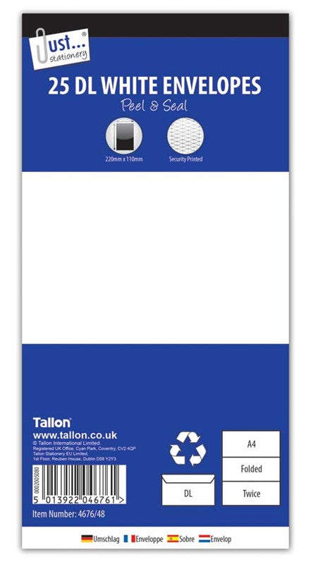 Pack of 25 Just Stationery White DL Peel & Seal Envelopes