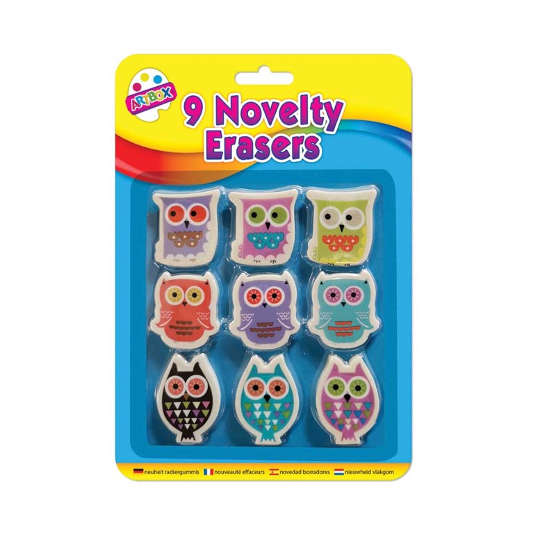 Pack of 9 Owl or Cupcake Novelty Erasers