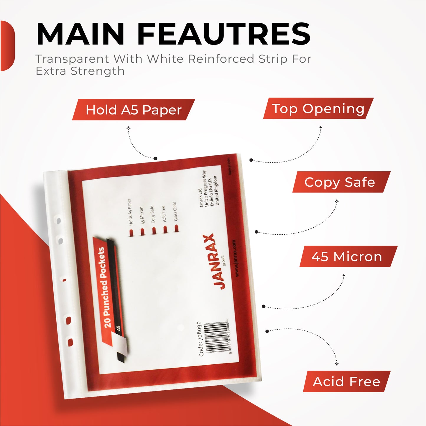 Pack of 500 A5 Glass Clear Punched Pockets by Janrax