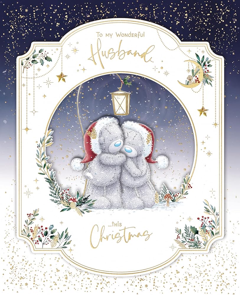 Bears Under Lamp For A Wonderful Husband Luxury Boxed Handmade Christmas Card