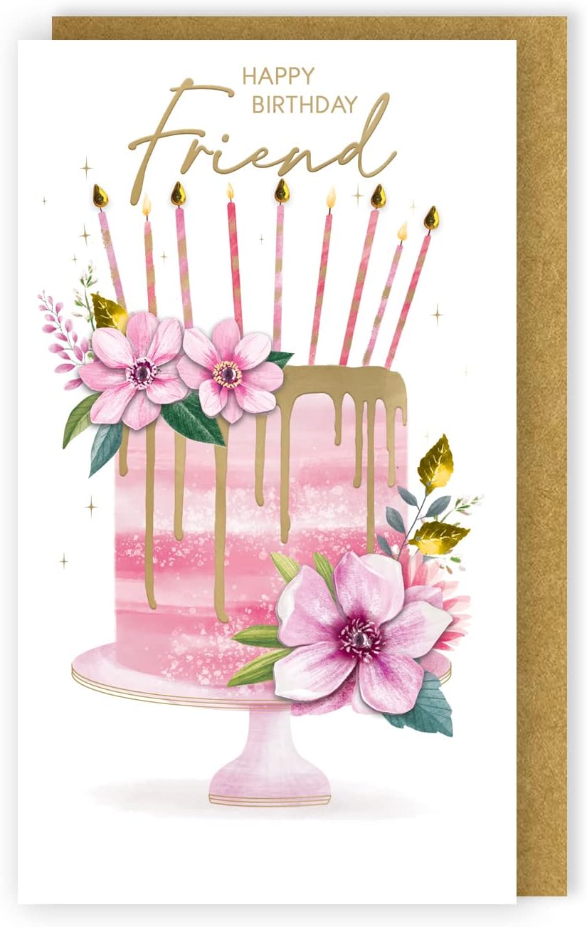 Embellished Floral Birthday Cake Happy Birthday Friend Card