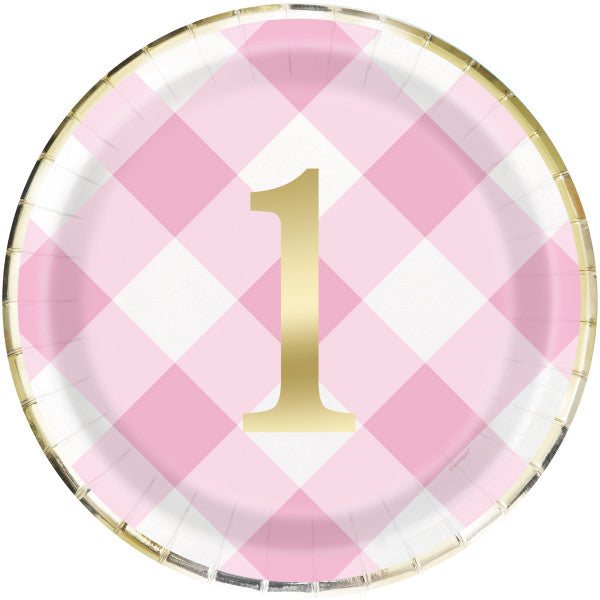 Pack of 8 Pink Gingham 1st Birthday Round 9" Dinner Plates