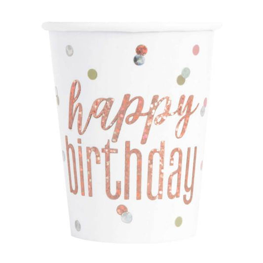 Pack of 8 Birthday Glitz Rose Gold Prismatic Foil 9oz Paper Cups