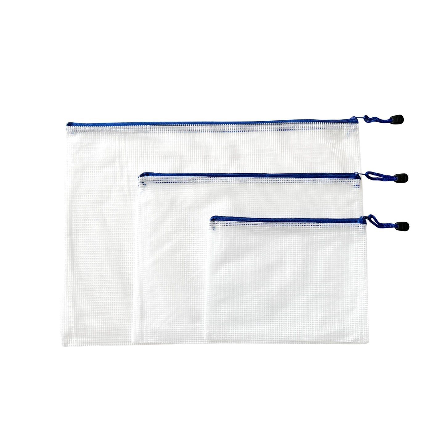 Pack of 3 Blue Zip Assorted Sizes Strong Mesh Bags - A3, A4, A5 - Tough Waterproof Storage