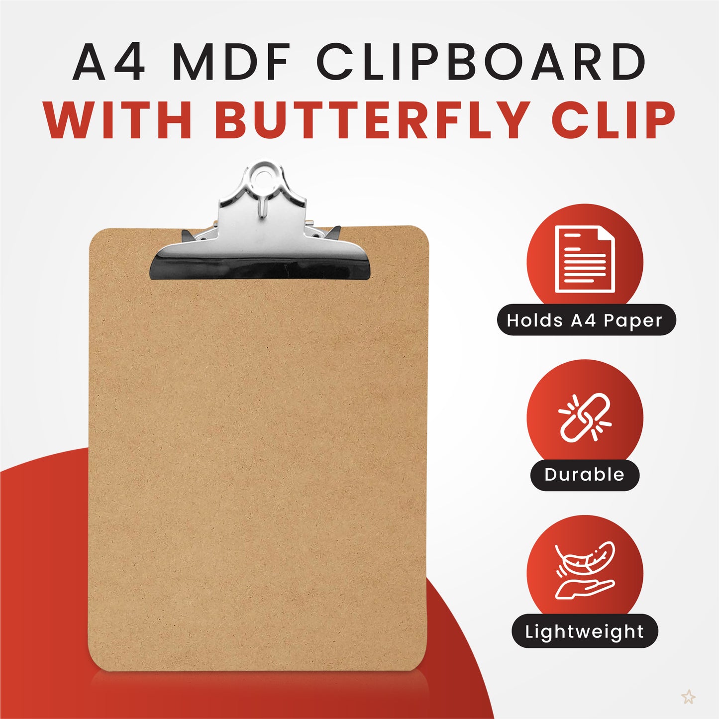 Pack of 6 Janrax A4 MDF Clipboards with Butterfly Clip