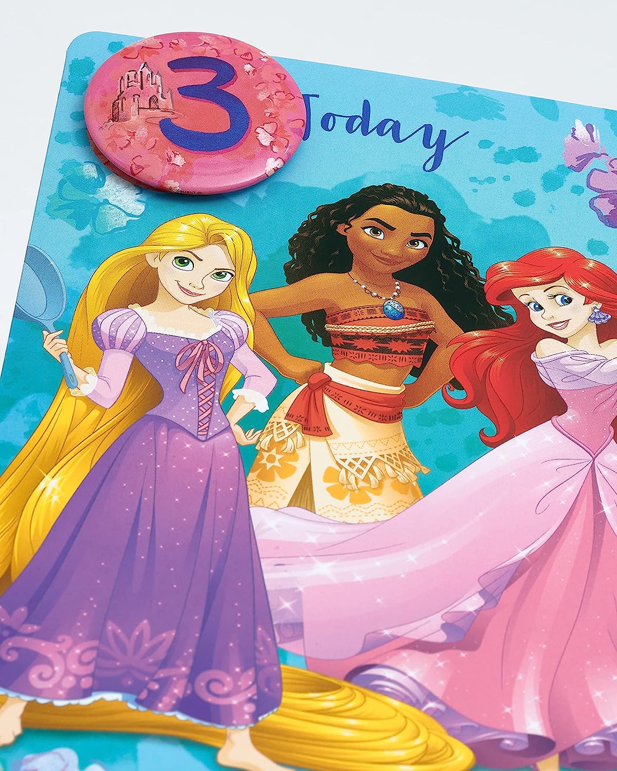 Disney Princess Design With Rapunzel, Moana & Ariel 3rd Birthday Card with Badge 