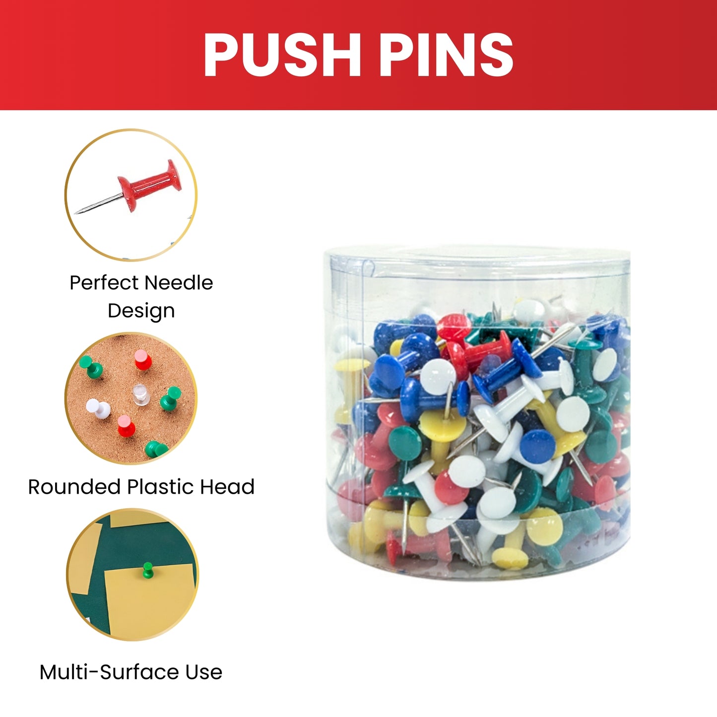 Pack of 600 Assorted Coloured Push Pins in Tub