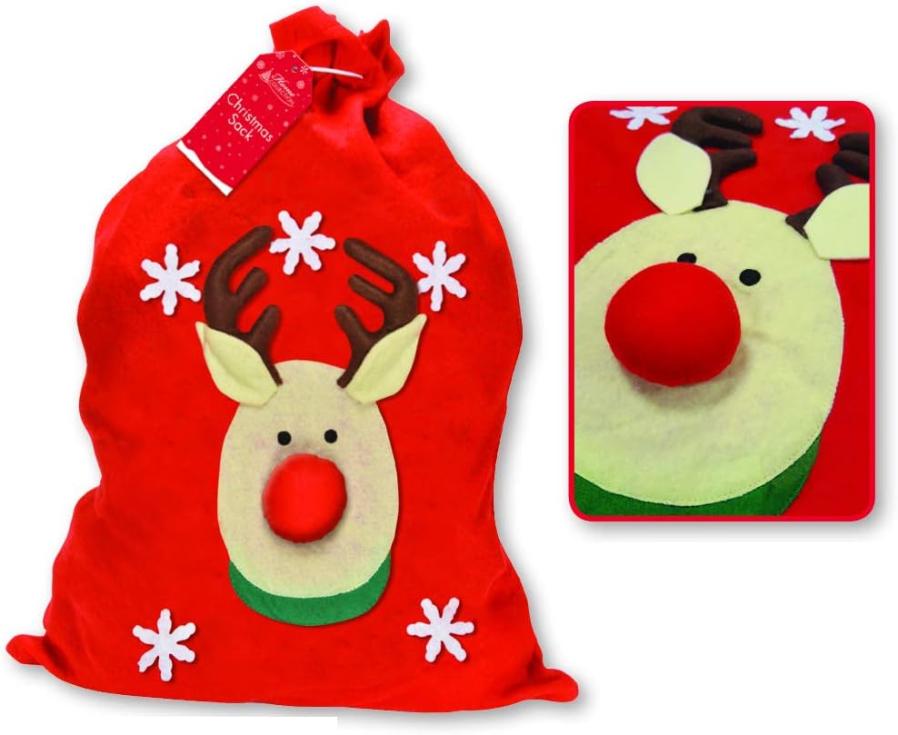 Pack of 6 Christmas Sacks With 3D Reindeer Design