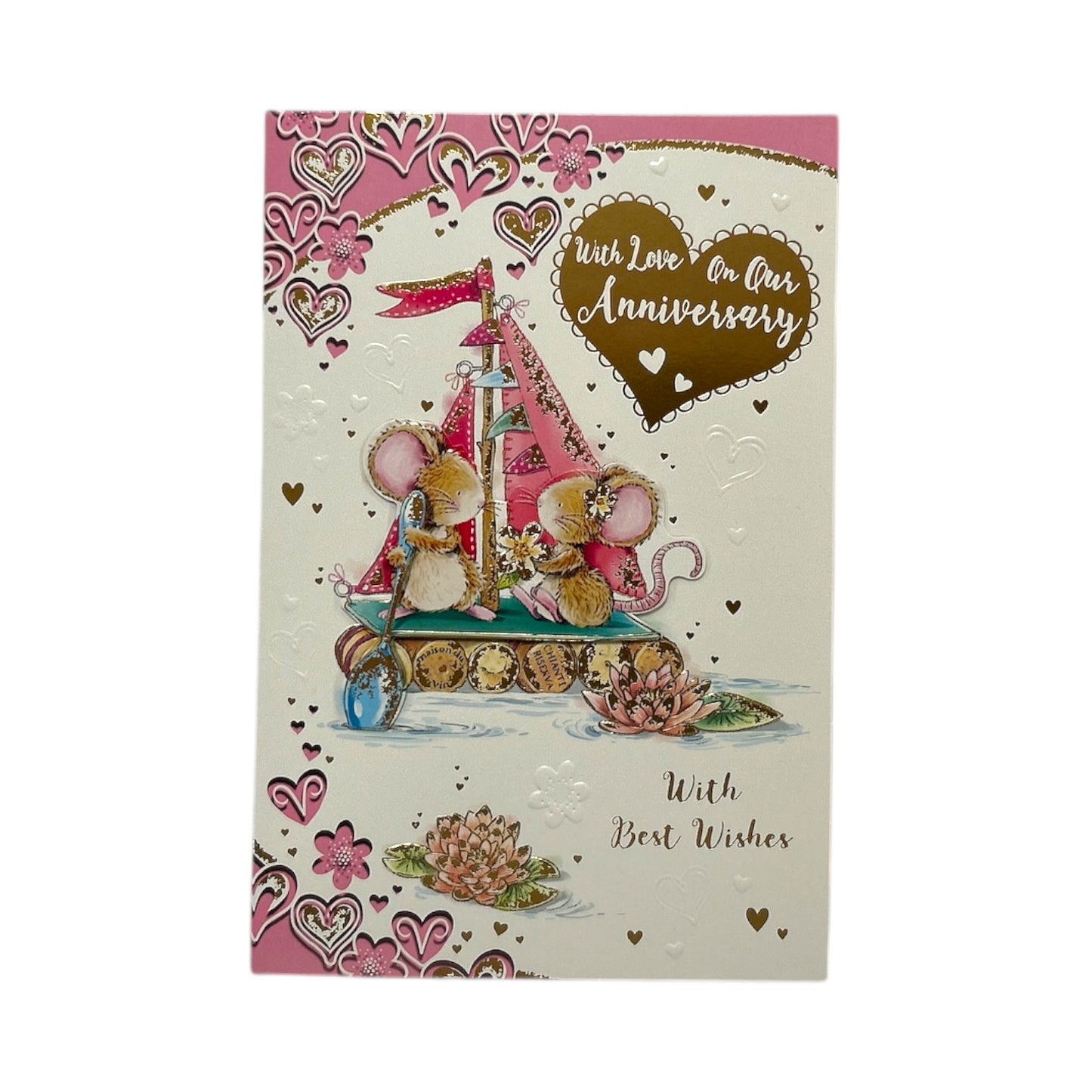 On Our Anniversary Yacht and Hearts Design Greeting Card