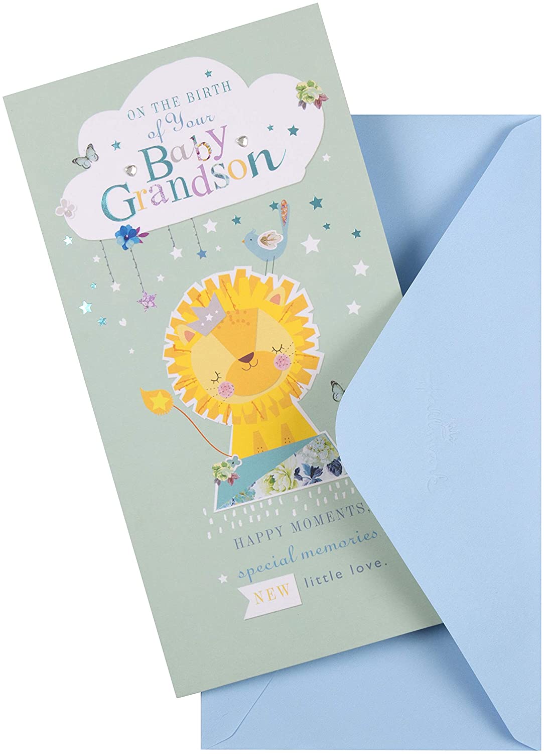 New Grandson Birth Congratulations Card Cute Lion Design with Blue Foil Details and Gem Attachments