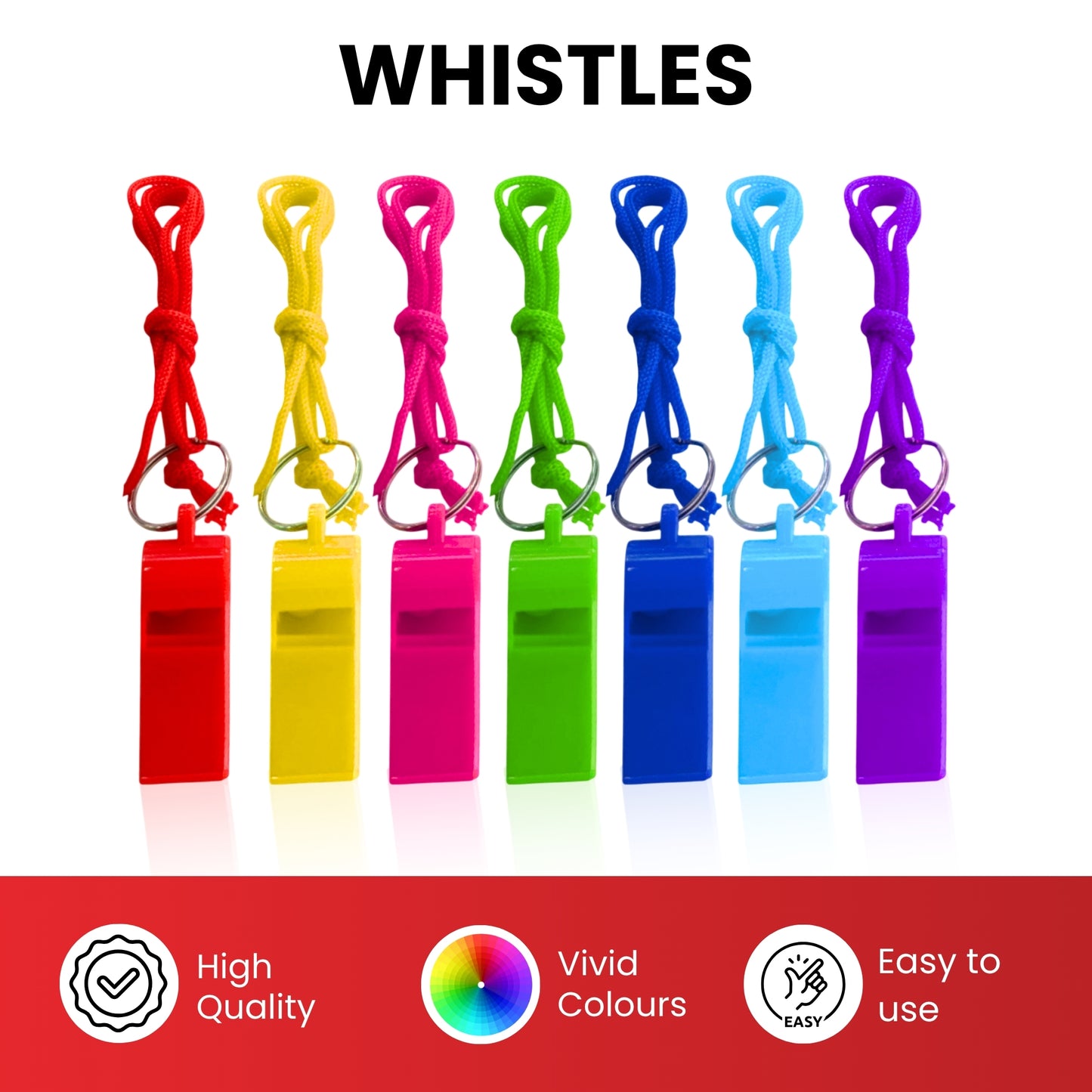 Pack of 100 Blue Plastic Whistles with Lanyard Neck Cord