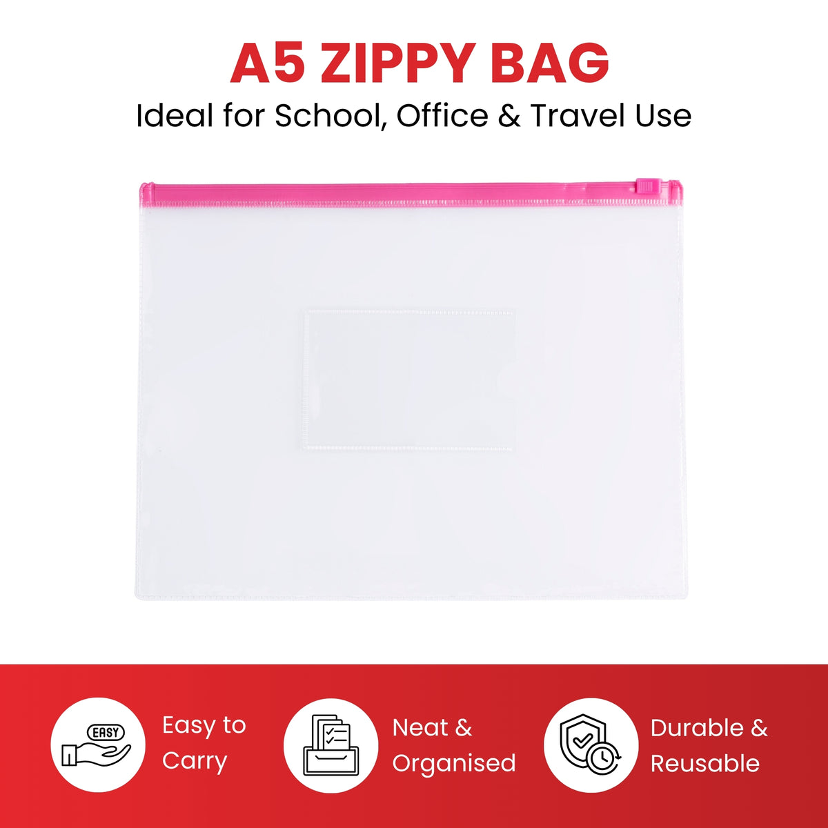 Pack of 12 A5 Clear Zippy Bags with Orange Zip