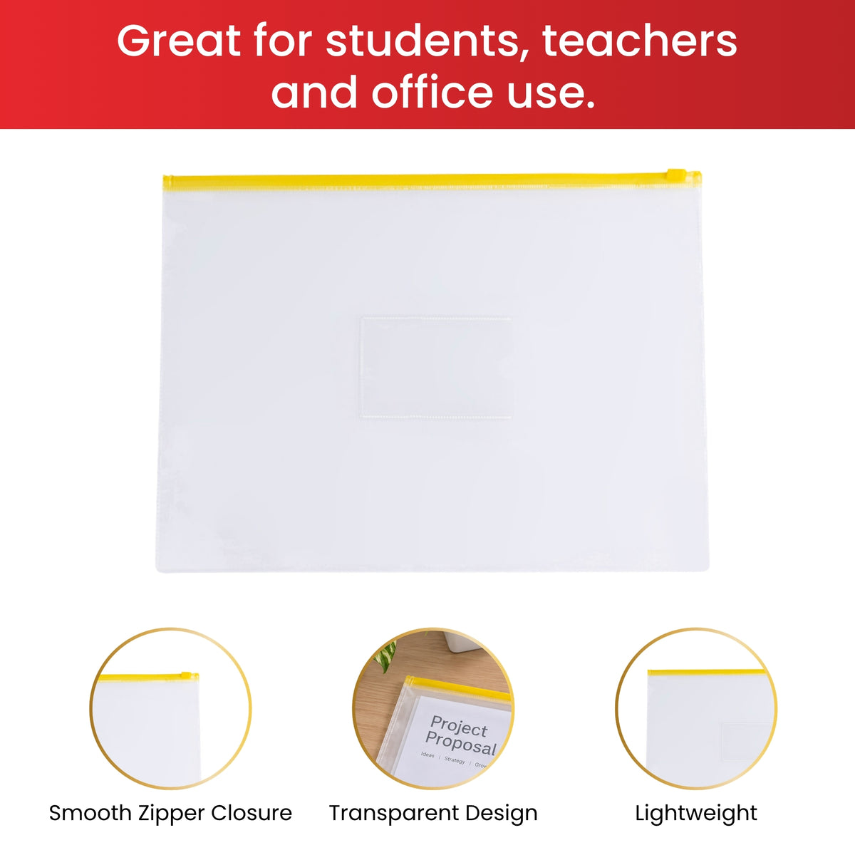 Pack of 12 A4+ Foolscap Clear Zippy Bags with Green Zip