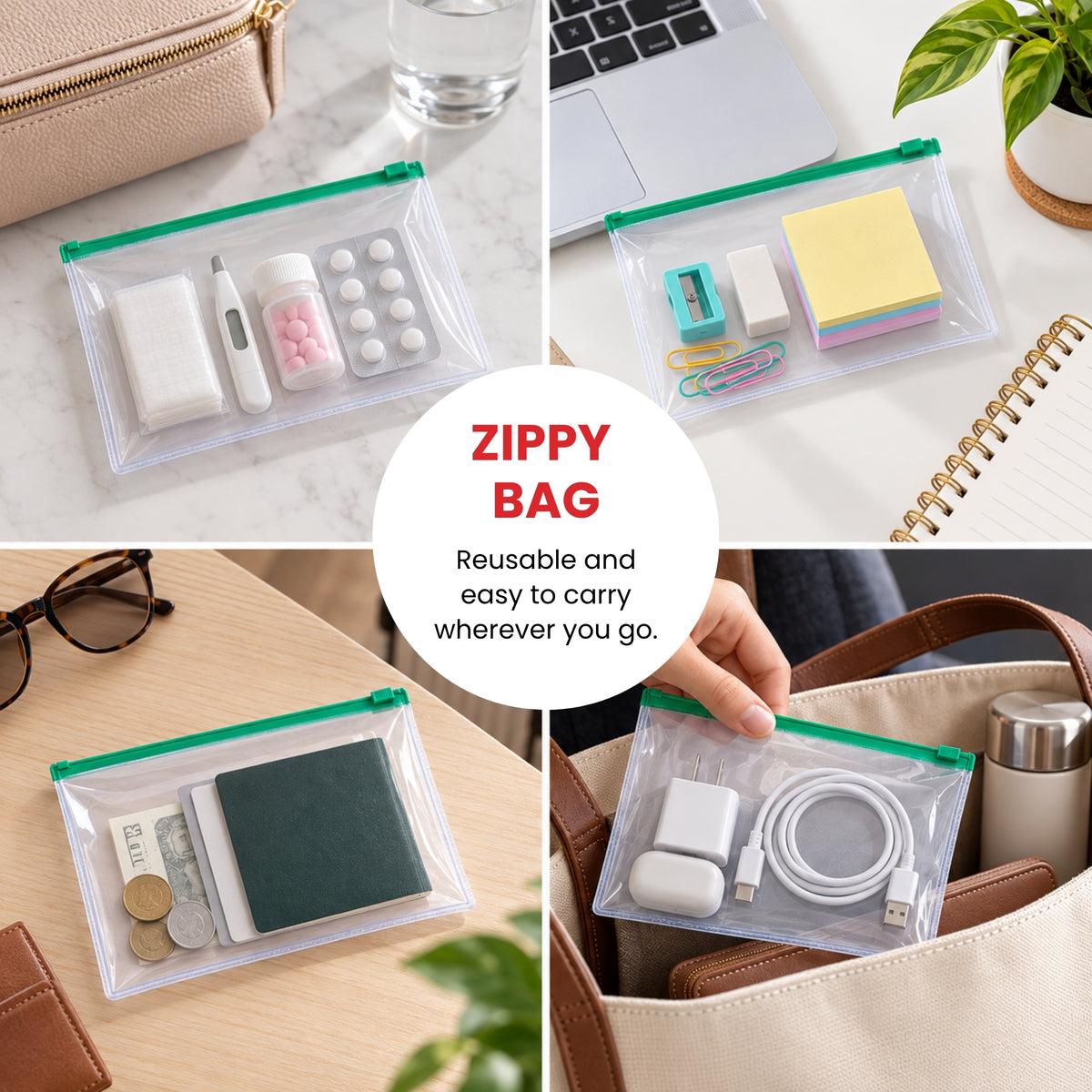 Pack of 12 A6 Clear Zippy Bags with White Zip