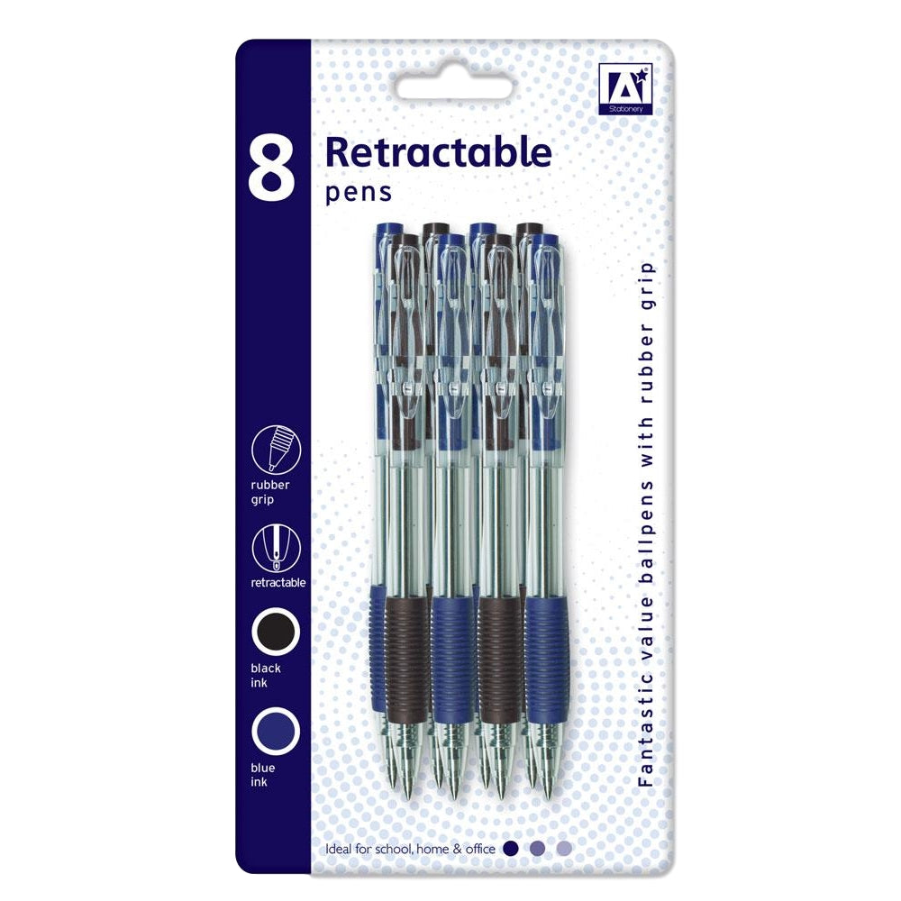 Pack of 8 Retractable Pens with Rubber Grip Black and Blue Ink
