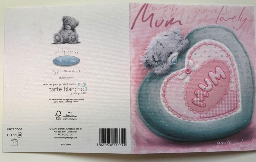 Lovely Mum Softly Drawn Me to You Bear Mother's Day Card