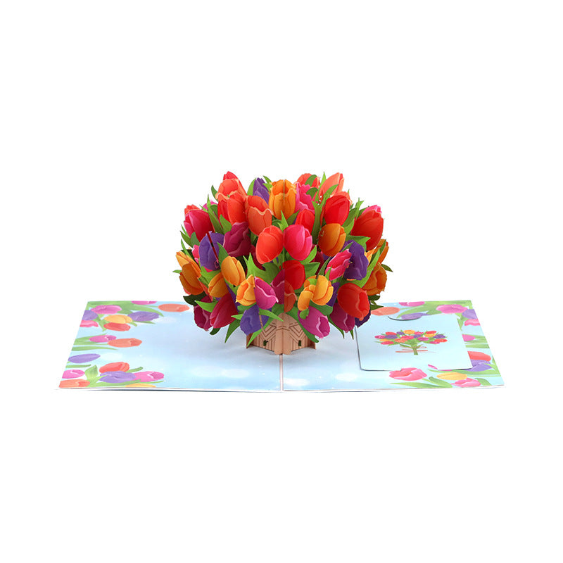 Colorful Tulip Bouquet Blue 3D Pop Up Greeting Card
