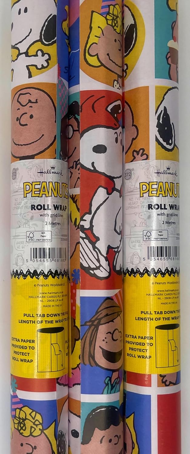 Official Peanuts Wrapping Paper 3 x 2 metre Rolls featuring Snoopy Charlie Brown for Birthday, Christmas or Christening