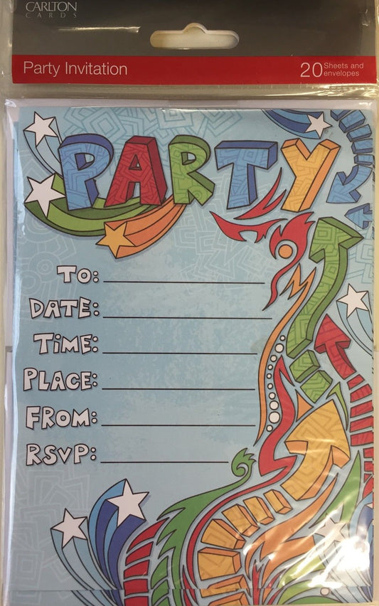 Pack of 40 Quality Blue Retro Party Invitations with Envelopes by Carlton Cards