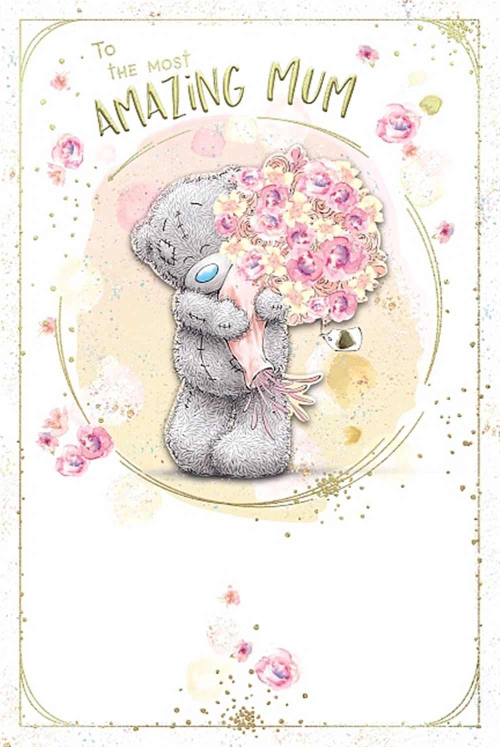 Bear With Large Bunch Of Flowers Mum Luxury Handmade Birthday Card