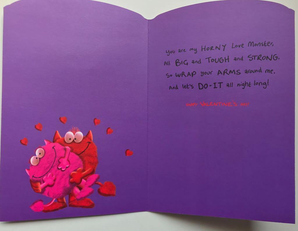 Horny Husband Love Monster All Night Long Valentine's Day Humour Funny Card