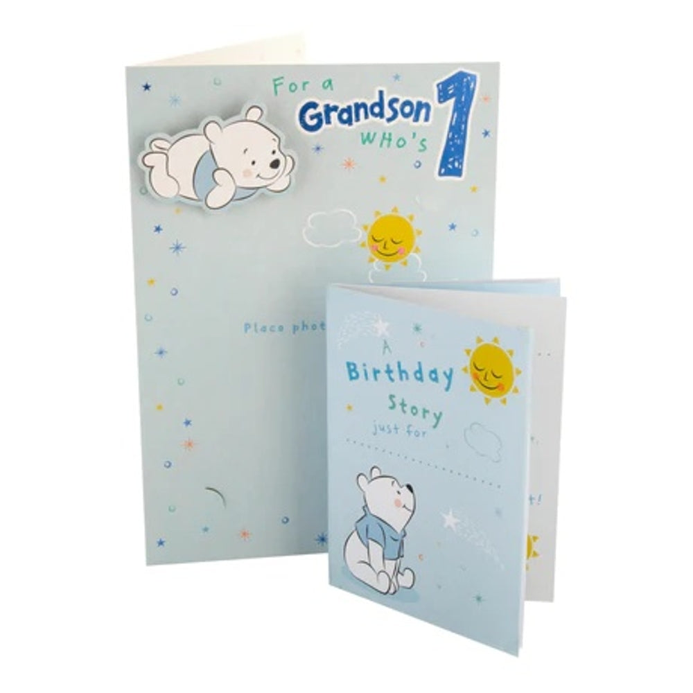 Cute Disney Winnie the Pooh Design Grandson 1st Birthday Card with Keepsake Booklet