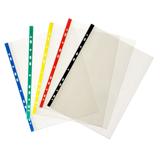 Pack of 125 A4 Punched Pockets with Assorted Coloured Reinforced Strip