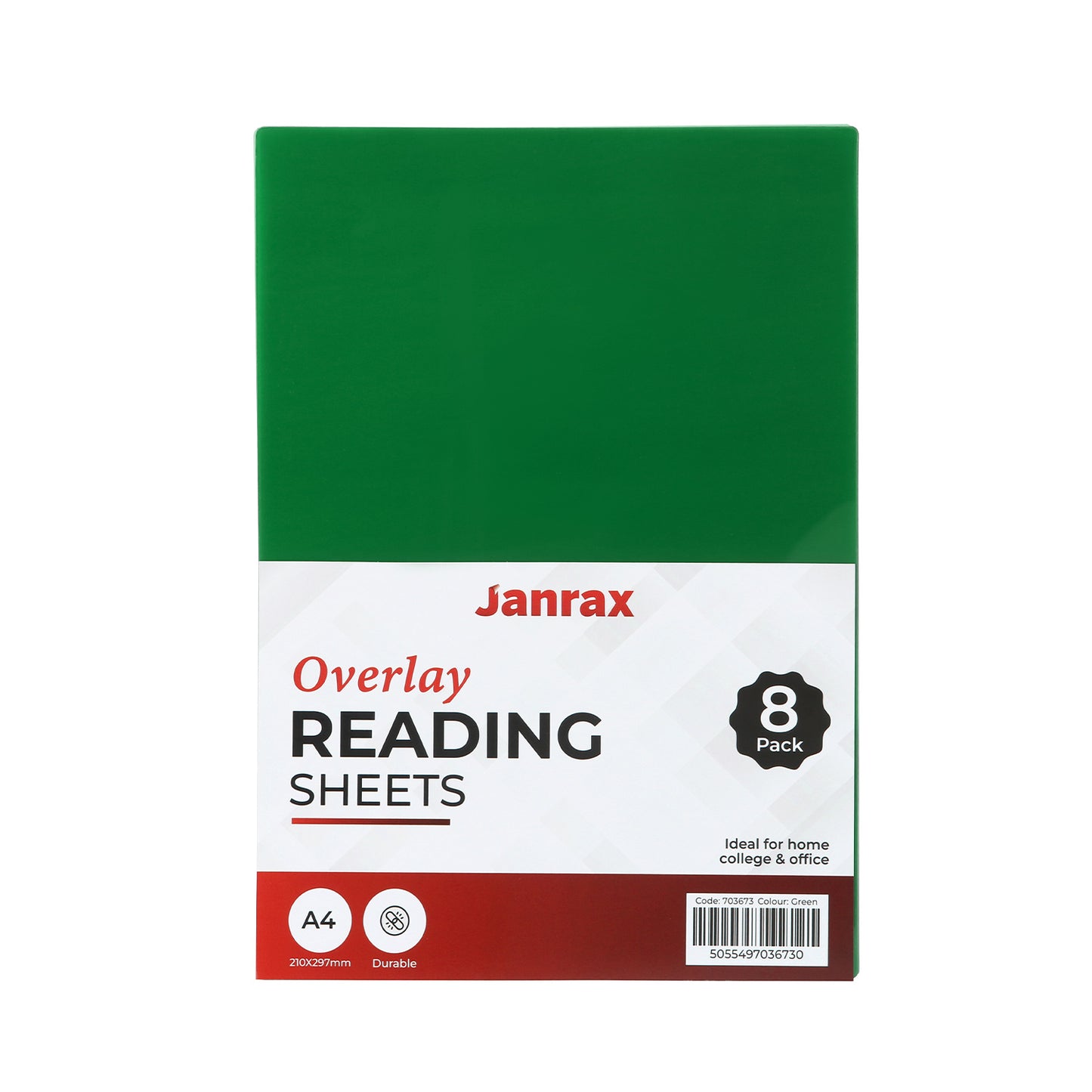 Pack of 8 A4 Plain Green Dyslexia Overlay Reading Sheets – PET Material, Rounded Corners