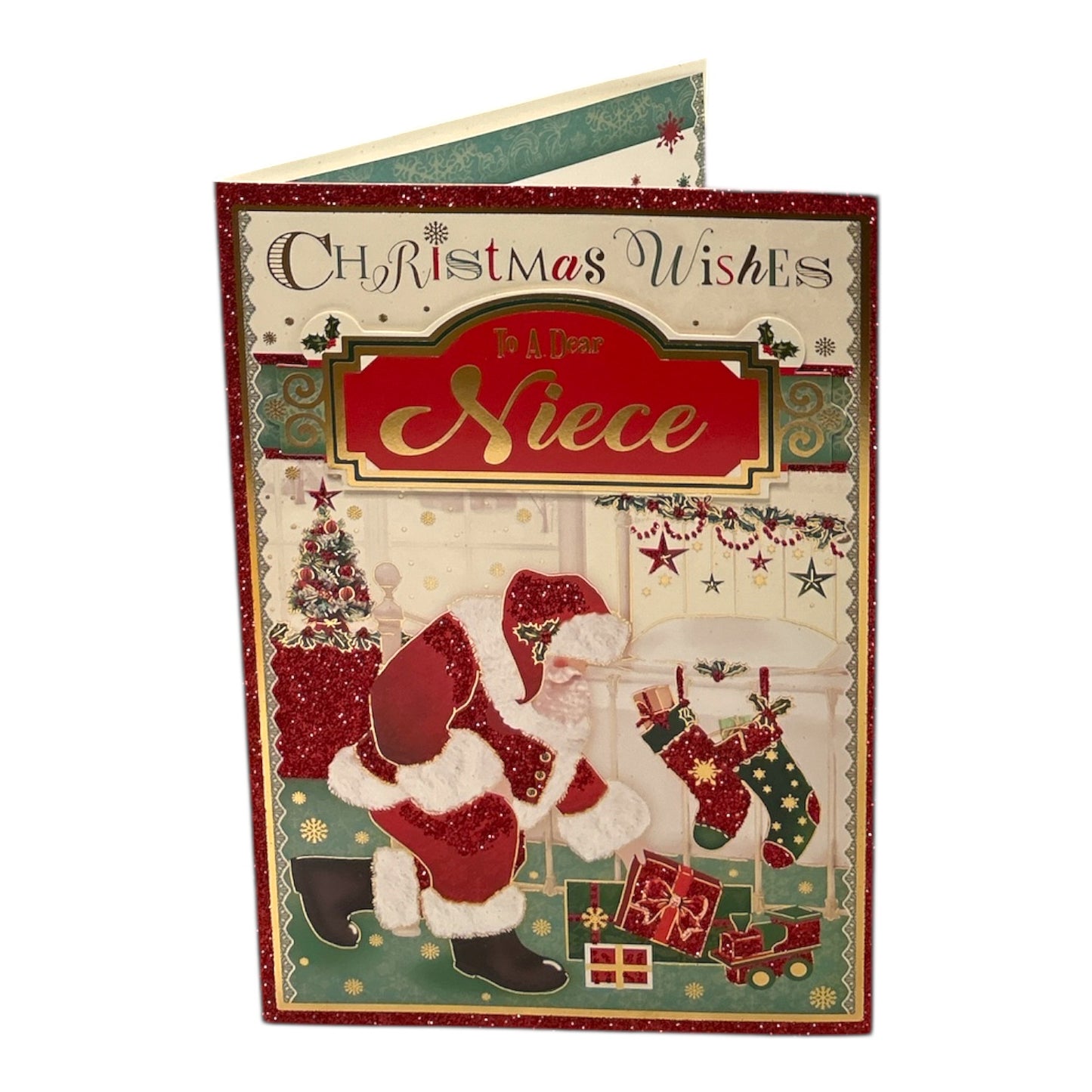 To a Dear Niece Glitter Finished Santa Design Christmas Card