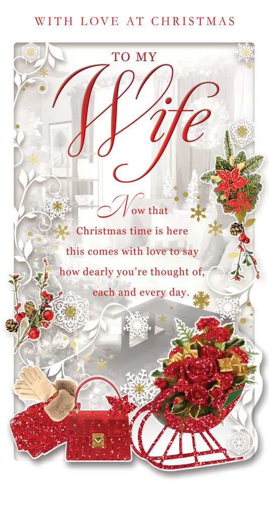 To My Wife Red Glitter Finished Bunch of Flowers Design Christmas Card