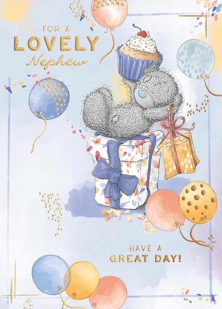 Bear Sat On Gift With Cupcake Nephew Birthday Card