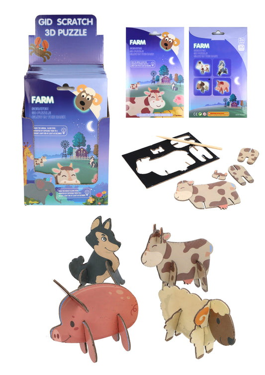 Pack of 12 Farm Animal Magic Colour Scratch 3D Puzzles (Glow In The Dark)